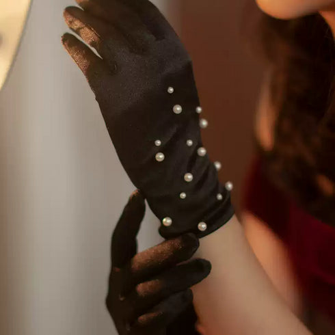 Gothic Black Pearl-Embellished Gloves – Short Gothic Gloves